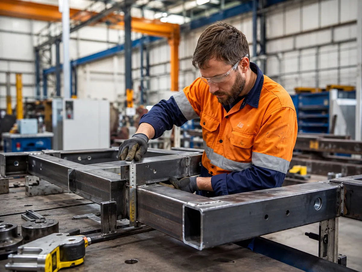 East Coast Ignite technician measuring a custom-fabricated steel frame
