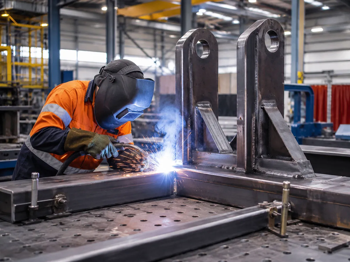 Welder fabricating heavy steel industrial brackets in an East Coast Ignite workshop