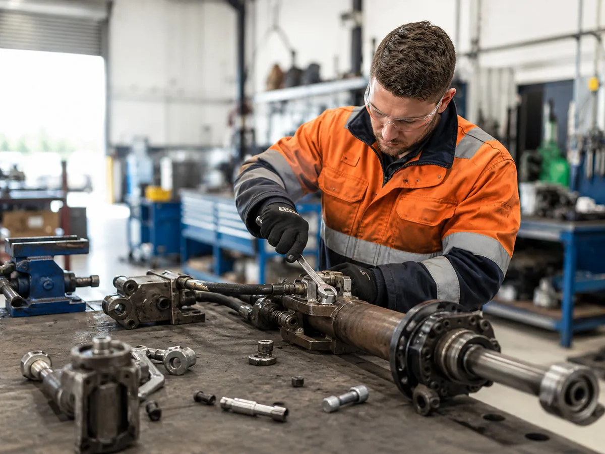 East Coast Ignite technician repairing a hydraulic driveshaft assembly