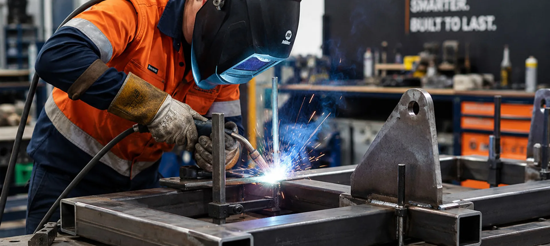 East Coast Ignite welder fabricating a steel frame, with sparks flying in an industrial workshop