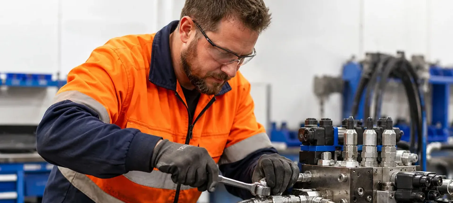 East Coast Ignite technician working on a hydraulic valve block in the workshop