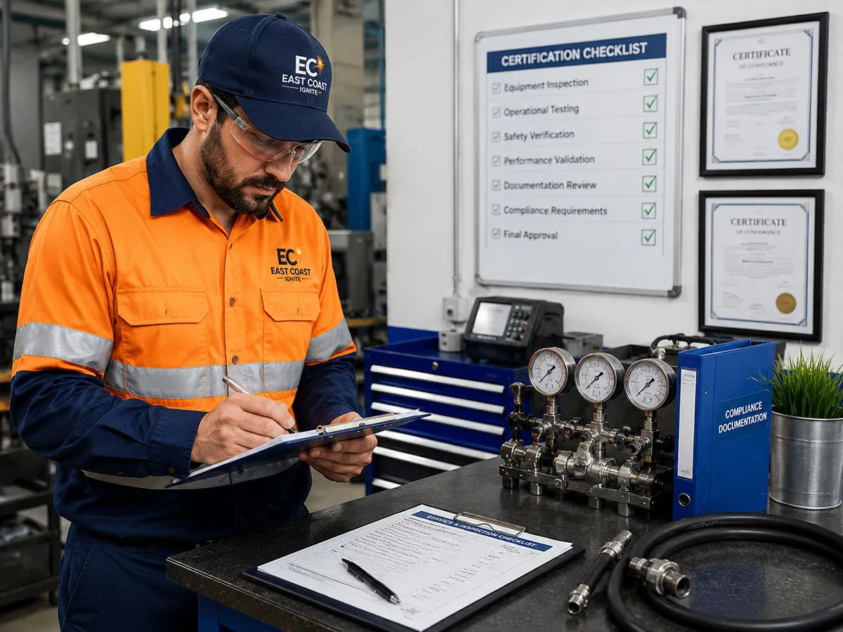Technician inspecting equipment and completing certification-related documentation